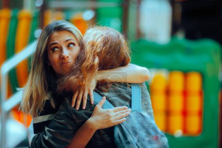 Frau umarmt falschen Freund und macht Gesichter hinter ihrem Rücken 