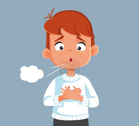 Little Boy with Hard Breathing Problems Coughing Vector Illustration