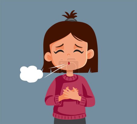 Téléchargez les illustrations : Petite fille ayant des difficultés à respirer après une attaque d'asthme Illustration vectorielle - en licence libre de droit