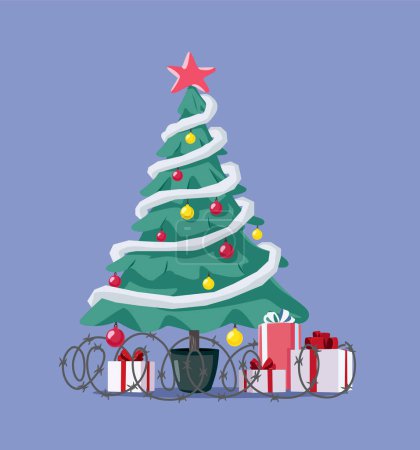 Ilustración de Árbol de Navidad con regalos protegidos por alambre de púas Vector de dibujos animados - Imagen libre de derechos
