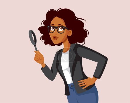 Téléchargez les illustrations : Femme d'affaires curieuse tenant une illustration vectorielle de dessin animé en verre grossissant - en licence libre de droit