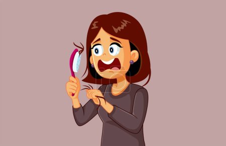 Femme stressée vérifiant son illustration vectorielle de bande dessinée de brosse à cheveux