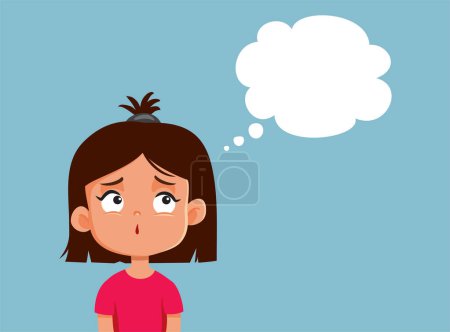 Sad Little Girl with Thinking Bubble Vector Cartoon Illustration