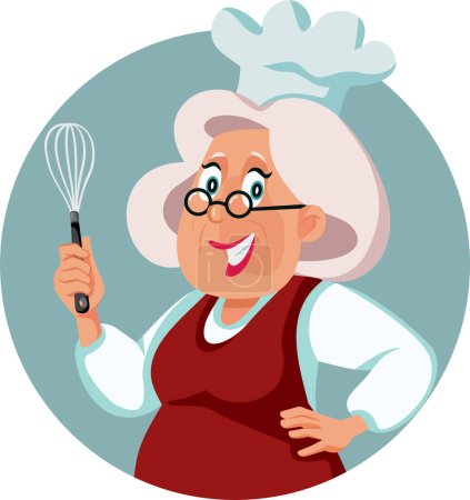 Senior Cook Frau hält einen Drahtbesen Vector Cartoon Illustration
