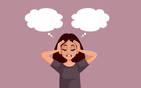 Exhausted Woman with Multiple Thinking Bubbles Feeling Overwhelmed Vector Illustration