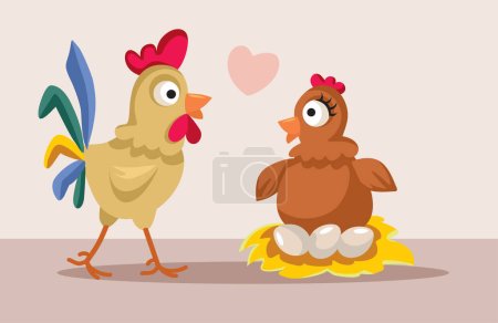 Rooster and Hen Starting a Family Together Vector Cartoon