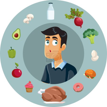 Ilustración de Hombre estresado pensando en una dieta equilibrada Vector ilustración de dibujos animados - Imagen libre de derechos