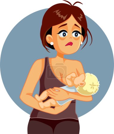 Ilustración de Cansada mamá amamantando a su bebé sintiéndose agotado Vector de dibujos animados - Imagen libre de derechos