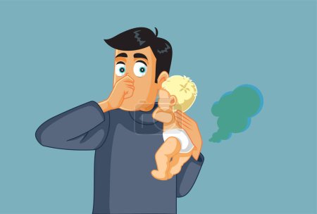 Illustration for Funny Dad Covering his Nose Needs to Change Diaper Vector Cartoon - Royalty Free Image
