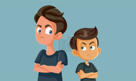 Téléchargez les illustrations : Adolescent garçon lutte avec son petit frère vecteur dessin animé illustration - en licence libre de droit