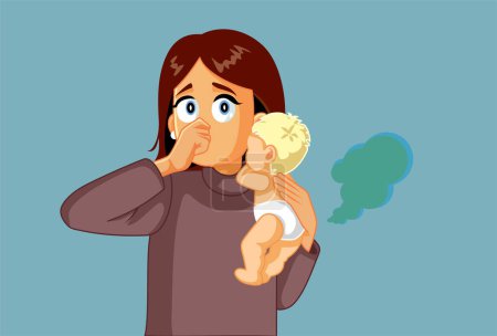 Illustration for Funny Mother Covering her Nose Needs to Change Diaper Vector Cartoon - Royalty Free Image
