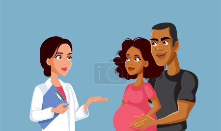 Pareja esperando un bebé consultando a un médico obstetra-ginecólogo Vector ilustración