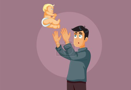 Téléchargez les illustrations : Père insouciant soulevant bébé dans l'illustration de dessin animé Air Vector - en licence libre de droit