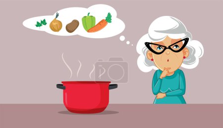 Illustration for Senior Woman Thinking about Making a Vegetables Soup Vector Cartoon - Royalty Free Image