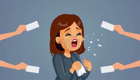 Illustration for Sneezing Woman being Recommended Medical Treatment Vector Cartoon Illustration - Royalty Free Image