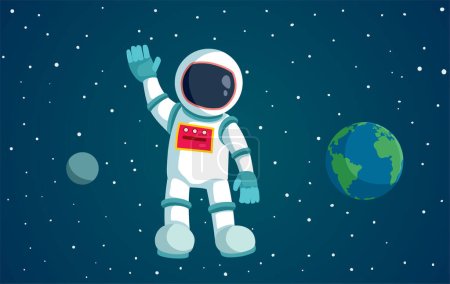 Ilustración de Feliz astronauta de dibujos animados viajando en el espacio agitando la mano - Imagen libre de derechos