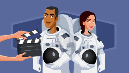 Téléchargez les illustrations : L'équipage filme un film de science-fiction Illustration de bande dessinée vectorielle - en licence libre de droit