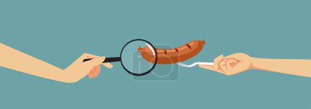 Téléchargez les illustrations : Inspecteur des aliments Vérification d'une saucisse avec un dessin animé vectoriel en verre grossissant - en licence libre de droit