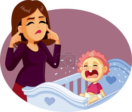 Illustration for Negligent Mother Ignoring Her Baby Crying Vector Cartoon - Royalty Free Image