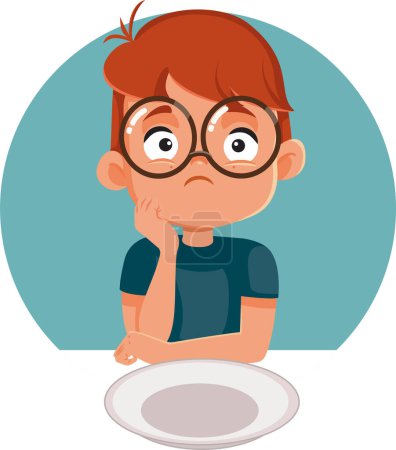 Ilustración de Niño infeliz esperando su almuerzo plato Vector ilustración de dibujos animados - Imagen libre de derechos