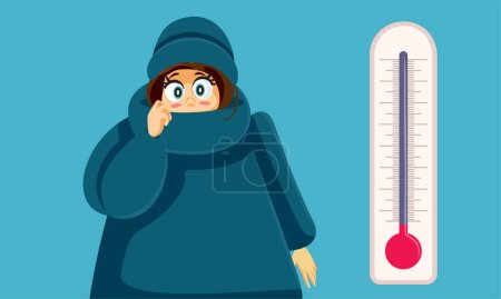 Ilustración de Mujer sintiendo frío junto a un termómetro congelante Vector de dibujos animados - Imagen libre de derechos