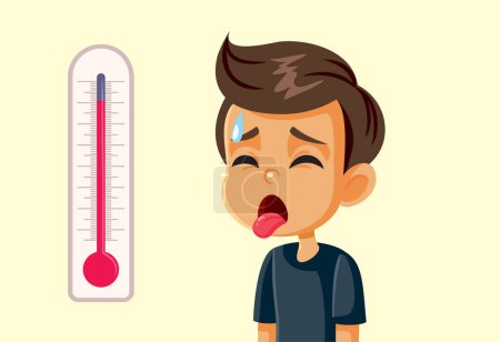 Little Boy Suffering in Hot Weather Vector Cartoon Illustration