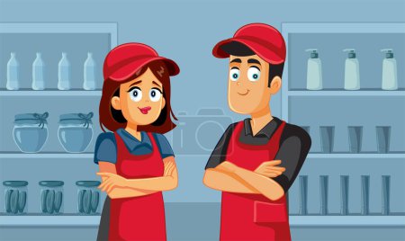 Téléchargez les illustrations : Employés des supermarchés travaillant ensemble dans une épicerie Illustration vectorielle de bande dessinée - en licence libre de droit