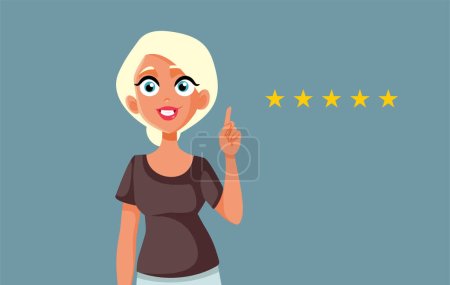Illustration for Cheerful Woman Rating a Service with Five Stars Vector Illustration - Royalty Free Image