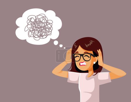 Mujer estresada sintiéndose desconcertada y confundida Vector Cartoon Illustration