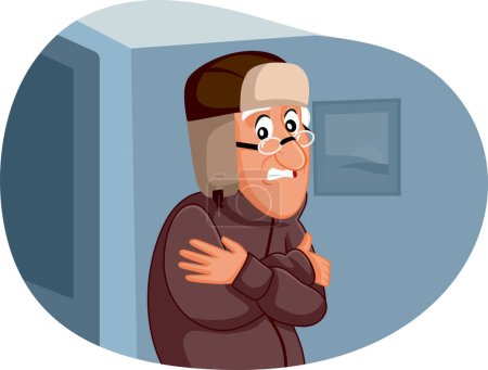 Elderly Man Freezing Feeling Cold at Home Vector Illustration