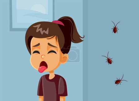 Illustration for Little Girl Feeling Disgusted by Cockroach infestation Vector Cartoon - Royalty Free Image