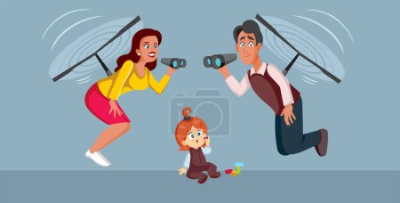 Helicopter Parents Supervising a Toddler Child Vector Concept Illustration