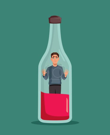Téléchargez les illustrations : Man Addicted to Alcohol Prisoner in a Wine Bottle Concept Illustration - en licence libre de droit
