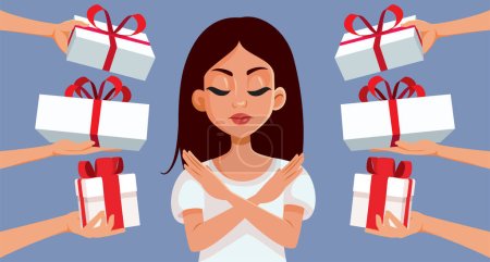 Illustration for Single Woman Refusing Advances and Gifts Vector Cartoon Illustration - Royalty Free Image