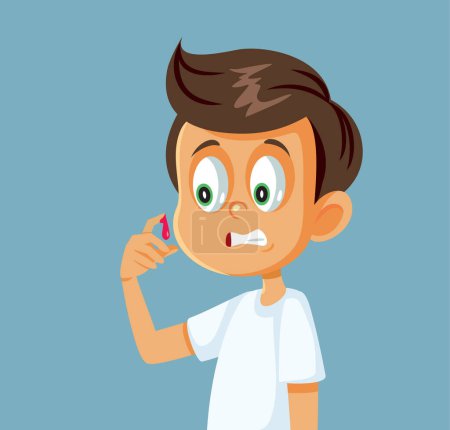Illustration for Scared Little Boy Checking His Bloody Injury Vector Cartoon Illustration - Royalty Free Image