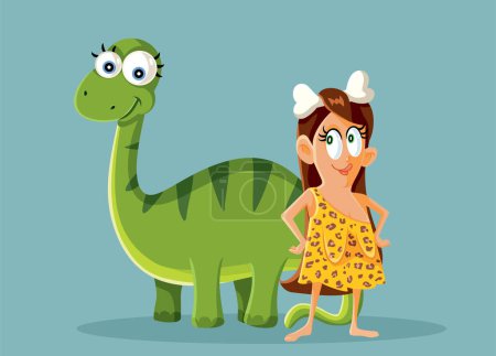 Illustration for Prehistoric Woman Next to her Dinosaurs Pet Funny Vector Illustration - Royalty Free Image