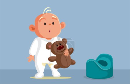 Téléchargez les illustrations : Little Infant Trying Potty Training Having an accident Vector Cartoon - en licence libre de droit