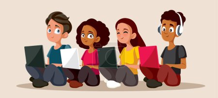 Illustration for Teenagers Studying on their Laptop Devices Vector Cartoon Illustration - Royalty Free Image