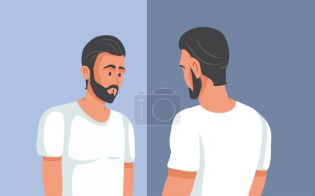 Téléchargez les illustrations : Un jeune homme se sent mal à l'aise en regardant dans le miroir Illustration vectorielle - en licence libre de droit