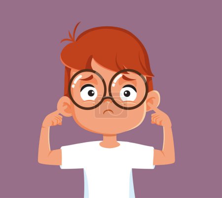 Téléchargez les illustrations : Unhappy Boy Covering his Ears Vector Cartoon Illustration - en licence libre de droit