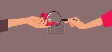 Illustration for Woman Inspecting Engagement Ring with a Magnifying Glass Vector Cartoon - Royalty Free Image