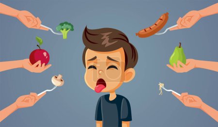 Téléchargez les illustrations : Picky Eater Feeling Sick Refusing All Foods Vector Cartoon - en licence libre de droit