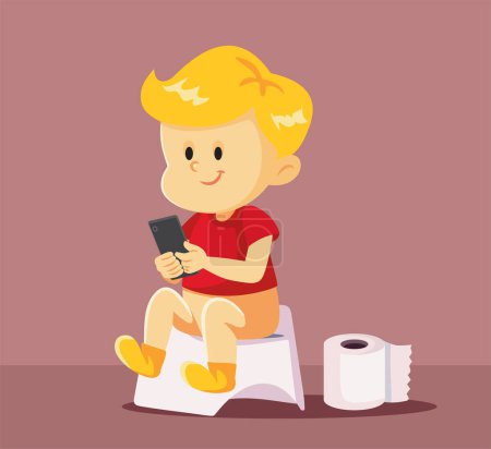 Ilustración de Funny Baby Checking Smartphone mientras está en la caricatura del vector del orinal - Imagen libre de derechos