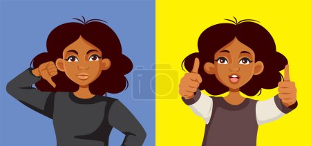 Téléchargez les illustrations : Woman Showing Thumbs up and Thumbs Down Gesture Vector Cartoon - en licence libre de droit