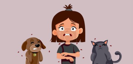 Child Gets Parasites from Pet Animals and Scratches Vector Cartoon