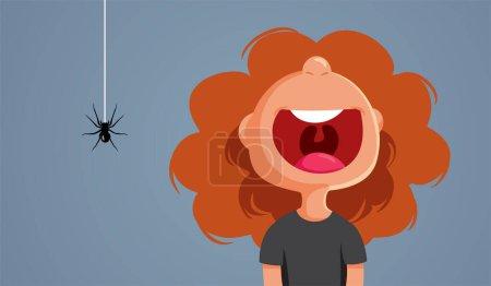 Illustration for Screaming Girl Scared of Spider Insect Vector Cartoon Illustration - Royalty Free Image