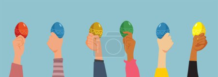 Illustration for People Holding Colorful Easter Eggs Celebrating Vector Cartoon Illustration - Royalty Free Image