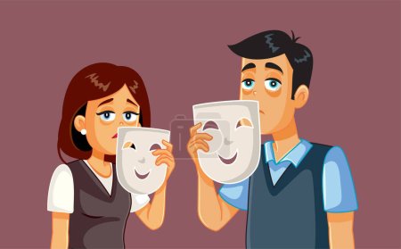 Illustration for Sad Couple Wearing Happy Masks for Society Vector Conceptual Illustration - Royalty Free Image