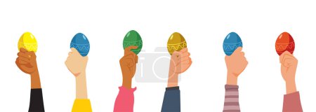 Illustration for People Holding Colorful Dyed Easter Eggs Vector Banner - Royalty Free Image
