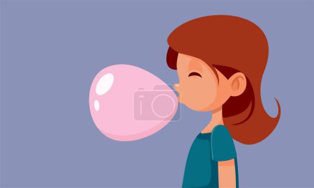 Téléchargez les illustrations : Petite fille mâcher une fraise rose aromatisé gomme vecteur illustration - en licence libre de droit
